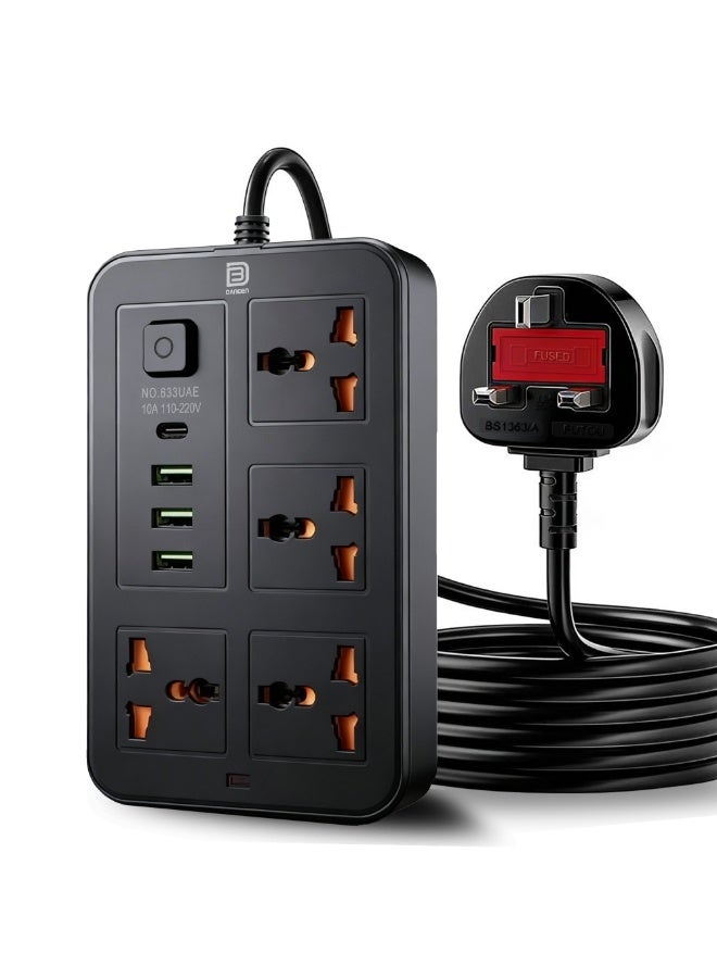 8 in 1 Power Strip with 4 AC Outlets, 3 USB‑A & 1 USB‑C PD Port, Surge Protector, 5m Heavy-Duty Extension Cord, Overload Protection, Wall-Mountable Multi-Plug for Home, Office (Black)